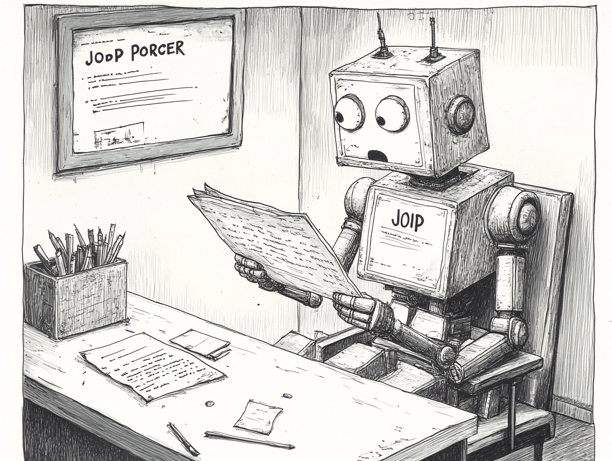 A robot sitting at a desk, reading a job posting for an AI Prompt Engineer